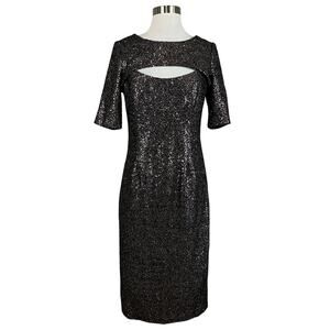 Betsy & Adam Sequined Cut Out Sparkly Midi Sheath Cocktail Dress Black Size 8